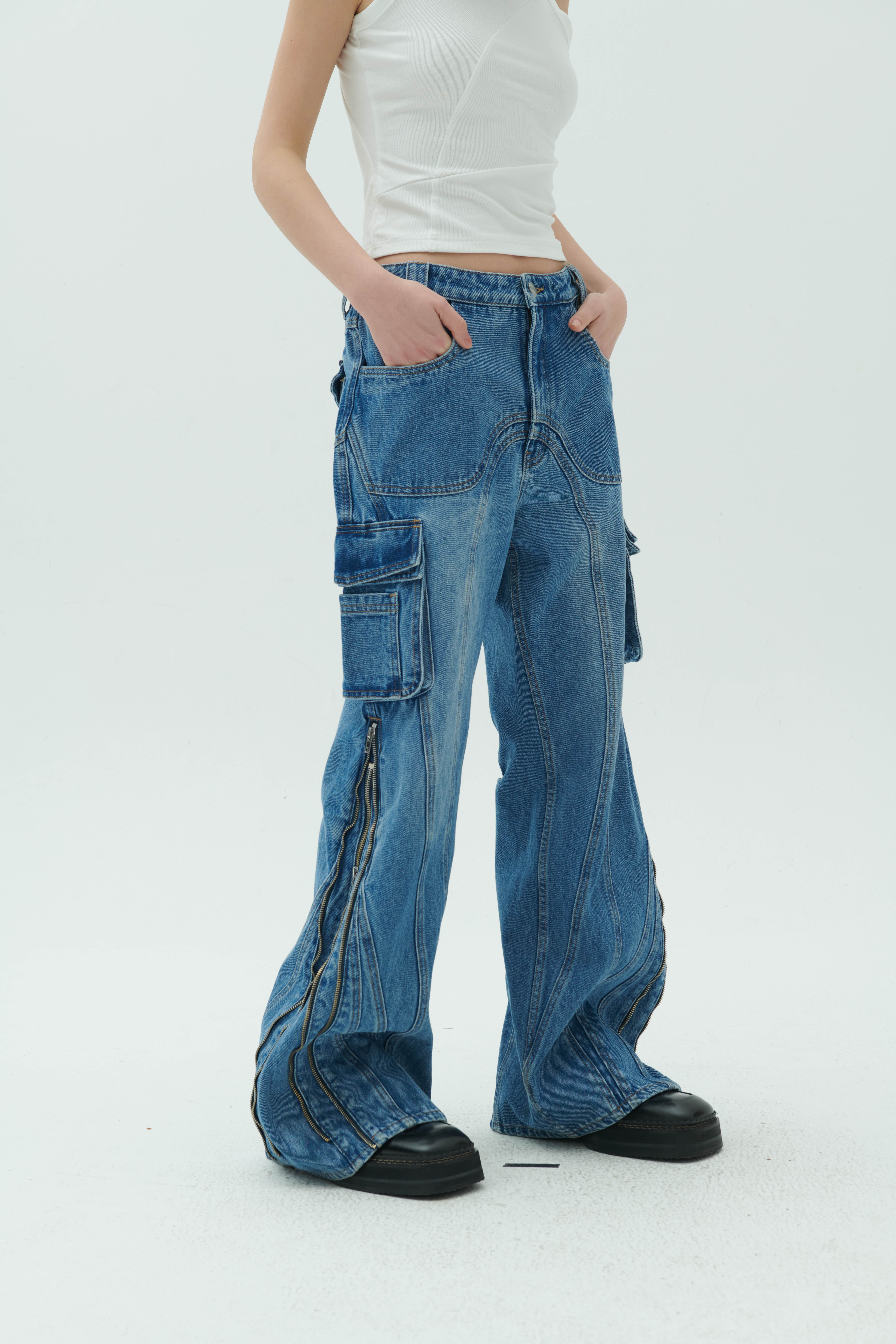 Multi-Pocket Side-Zip Jeans